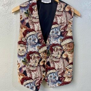 Idea Nuova Santa Cats Tapestry Vest L Vintage Woven Lined Button Front Festive